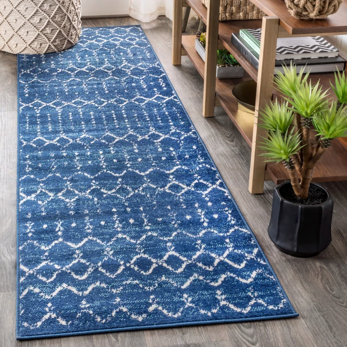 Moroccan HYPE Boho Vintage Diamond Blue/White 2 ft. x 8 ft. Runner Rug