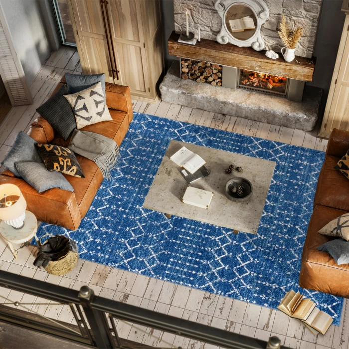 Moroccan HYPE Boho Vintage Diamond Blue/White 8 ft. x 10 ft. Area Rug