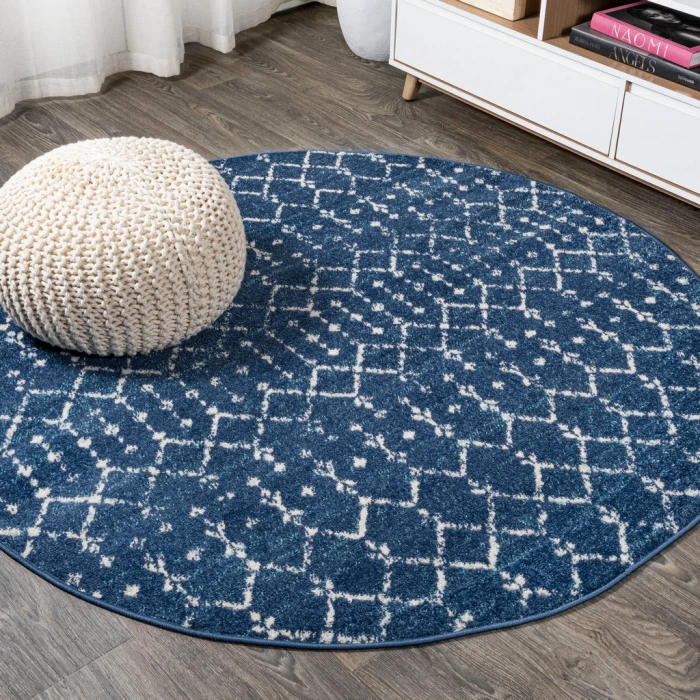 Moroccan HYPE Boho Vintage Diamond Blue/White 5' Round Area Rug