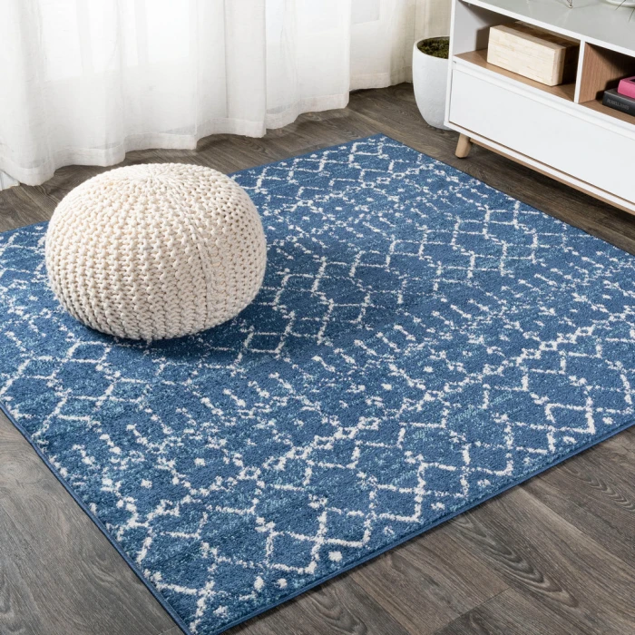 Moroccan HYPE Boho Vintage Diamond Blue/White 5' Square Area Rug