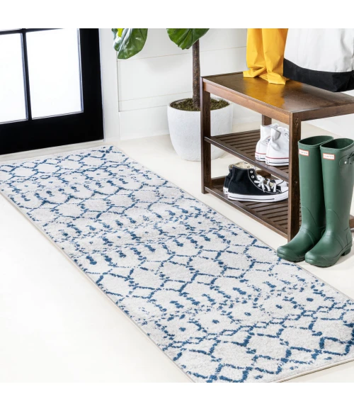 Moroccan HYPE Boho Vintage Diamond Cream/Navy 2 ft. x 8 ft. Runner Rug