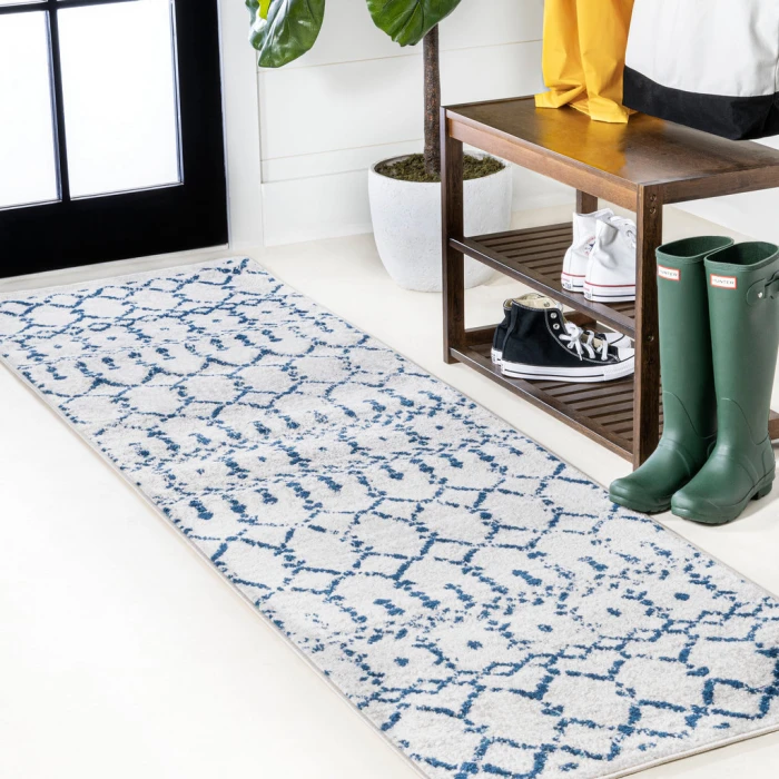 Moroccan HYPE Boho Vintage Diamond Cream/Navy 2 ft. x 8 ft. Runner Rug