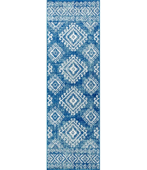 Moroccan HYPE Boho Vintage Tribal Blue/White 2 ft. x 8 ft. Runner Rug