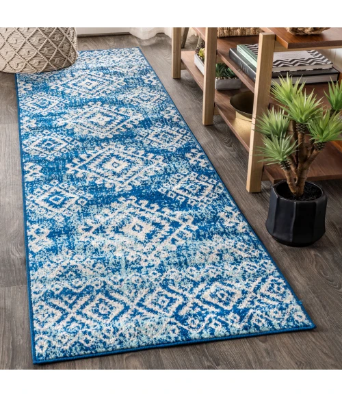 Moroccan HYPE Boho Vintage Tribal Blue/White 2 ft. x 8 ft. Runner Rug