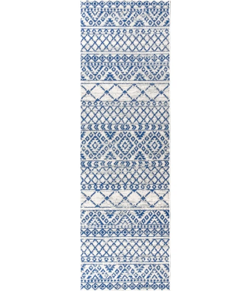 Moroccan HYPE Boho Vintage Tribal Cream/Blue 2 ft. x 8 ft. Runner Rug