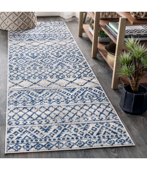 Moroccan HYPE Boho Vintage Tribal Cream/Blue 2 ft. x 8 ft. Runner Rug