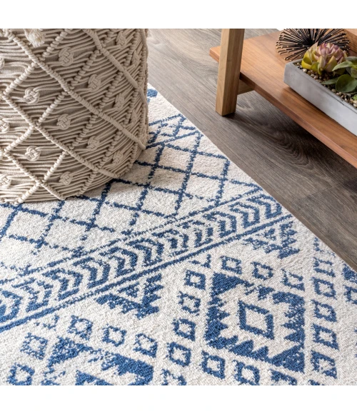 Moroccan HYPE Boho Vintage Tribal Cream/Blue 2 ft. x 8 ft. Runner Rug