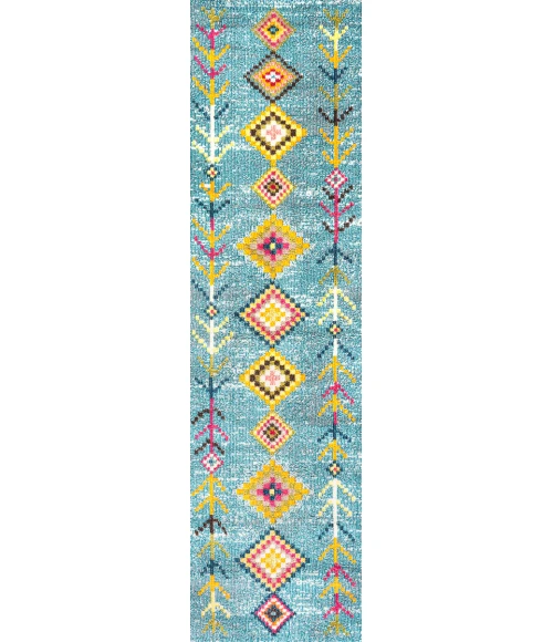 Tribal Love Geometric Light Blue/Multi 2 ft. x 8 ft. Runner Rug