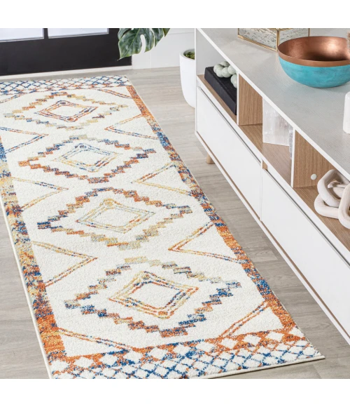 Amir Moroccan Beni Souk Ivory/Blue/Orange 2 ft. x 8 ft. Runner Rug