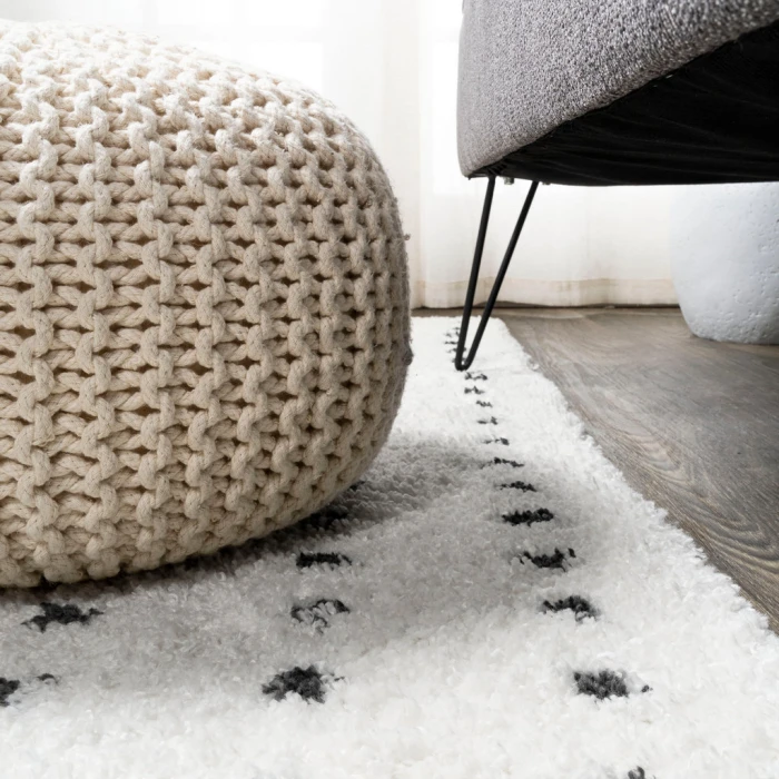Pele Modern Geometric Dot Shag White/Gray 2 ft. x 10 ft. Runner Rug