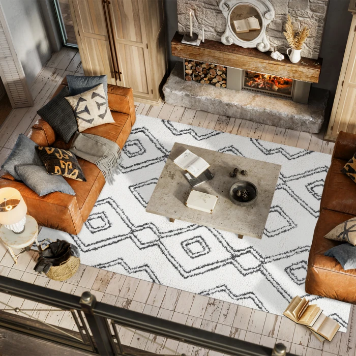 Deia Moroccan Style Diamond Shag White/Gray 3 ft. x 5 ft. Area Rug