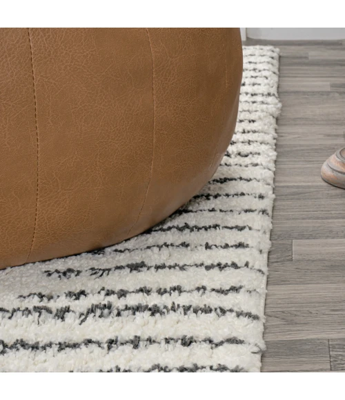 Petra Abstract Stripe Geometric Shag White/Gray 2 ft. x 8 ft. Runner Rug