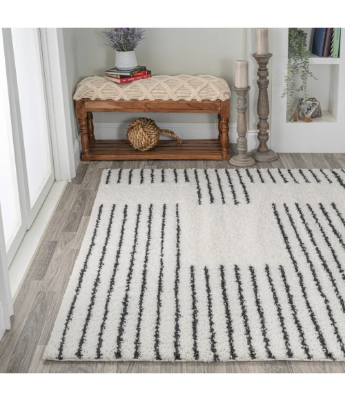 Petra Abstract Stripe Geometric Shag White/Gray 8 ft. x 10 ft. Area Rug