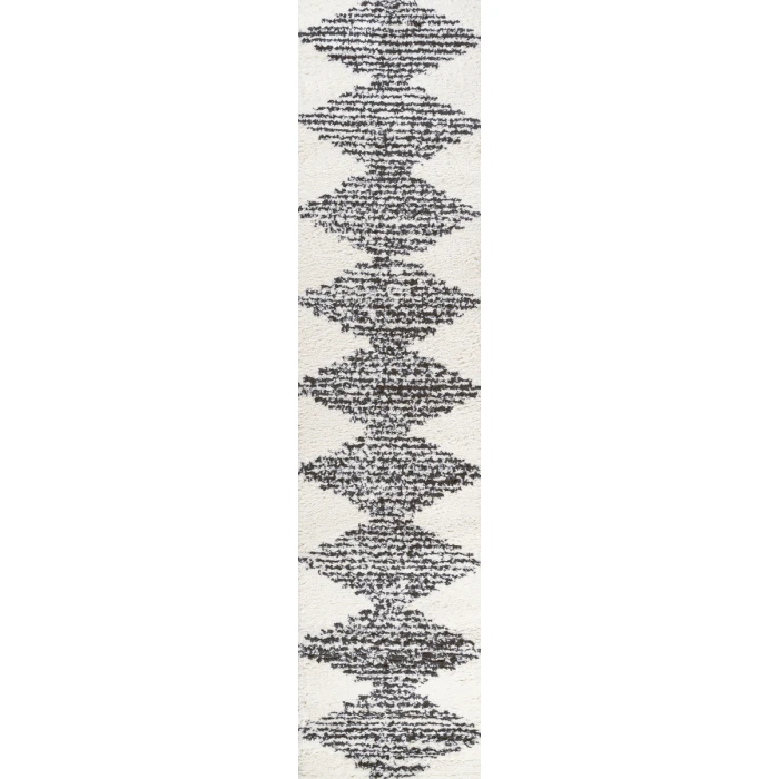 Elm Diamond Stripe Geometric Shag White/Gray 2 ft. x 8 ft. Runner Rug