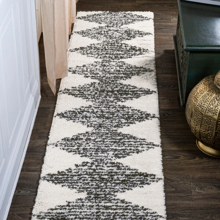 Elm Diamond Stripe Geometric Shag White/Gray 2 ft. x 8 ft. Runner Rug