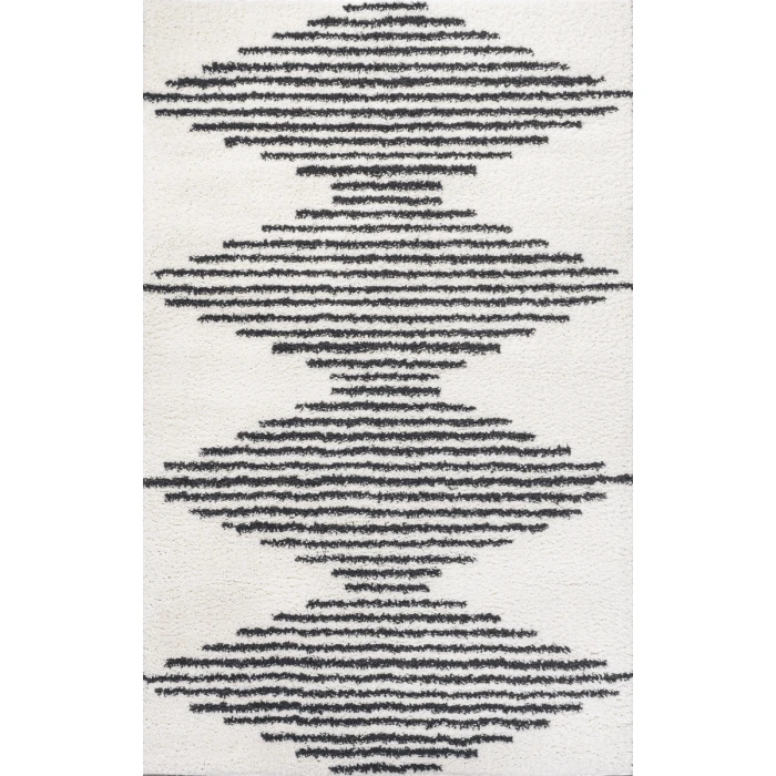 Elm Diamond Stripe Geometric Shag White/Gray 3 ft. x 5 ft. Area Rug