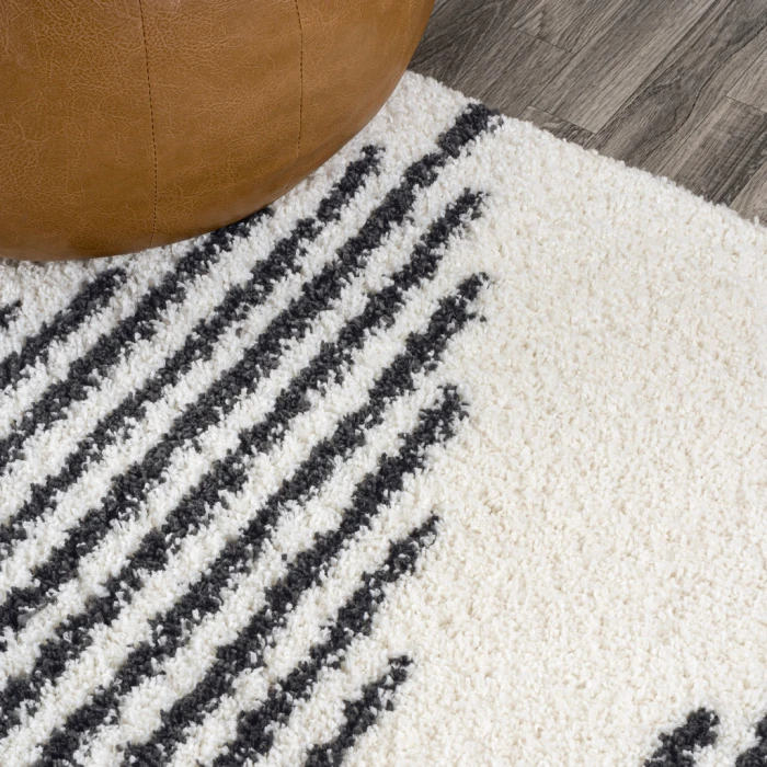 Elm Diamond Stripe Geometric Shag White/Gray 2 ft. x 8 ft. Runner Rug
