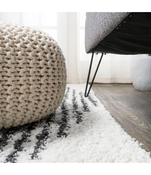 Elm Diamond Stripe Geometric Shag White/Gray 2 ft. x 10 ft. Runner Rug