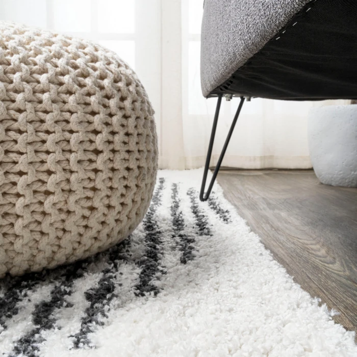 Elm Diamond Stripe Geometric Shag White/Gray 2 ft. x 8 ft. Runner Rug