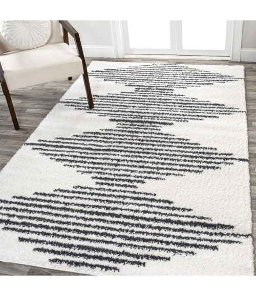 Elm Diamond Stripe Geometric Shag White/Gray 4 ft. x 6 ft. Area Rug