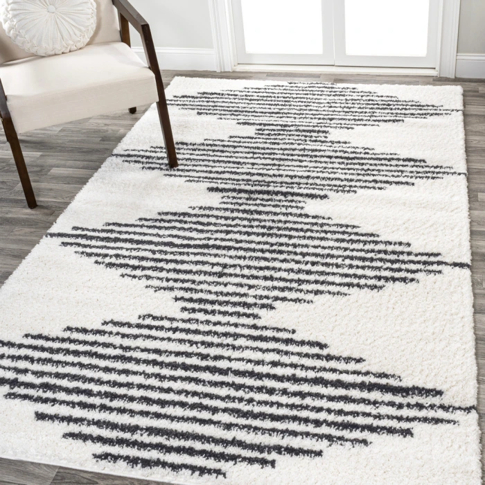 Elm Diamond Stripe Geometric Shag White/Gray 3 ft. x 5 ft. Area Rug