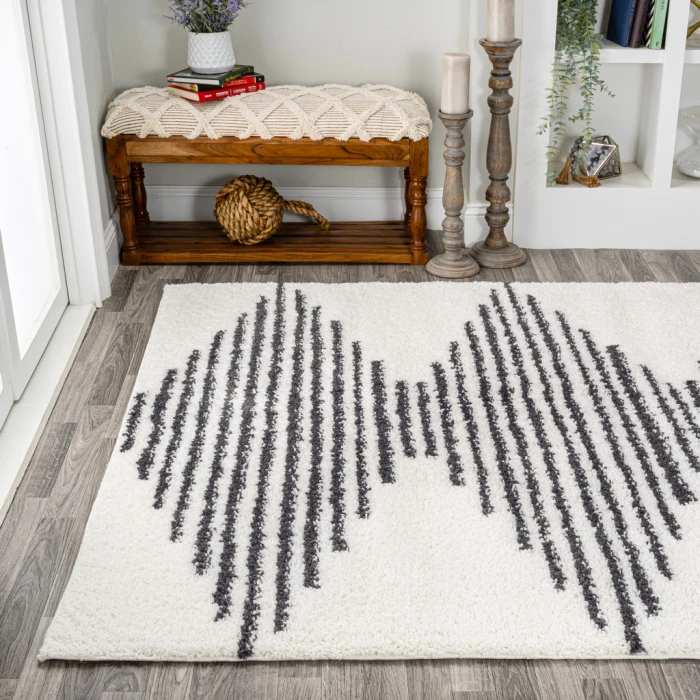 Elm Diamond Stripe Geometric Shag White/Gray 3 ft. x 5 ft. Area Rug