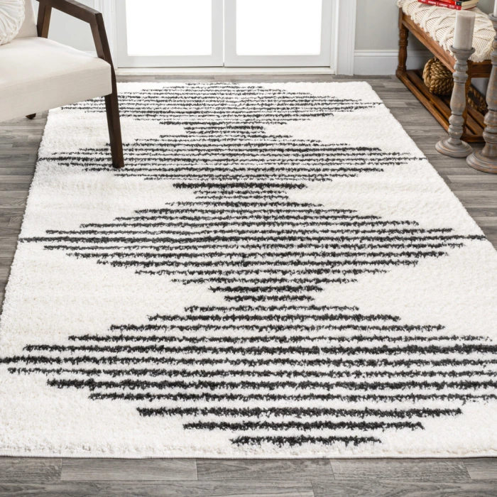 Elm Diamond Stripe Geometric Shag White/Gray 3 ft. x 5 ft. Area Rug