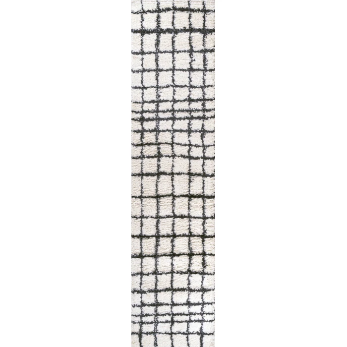 Arenal Geometric Grid Shag White/Gray 2 ft. x 10 ft. Runner Rug