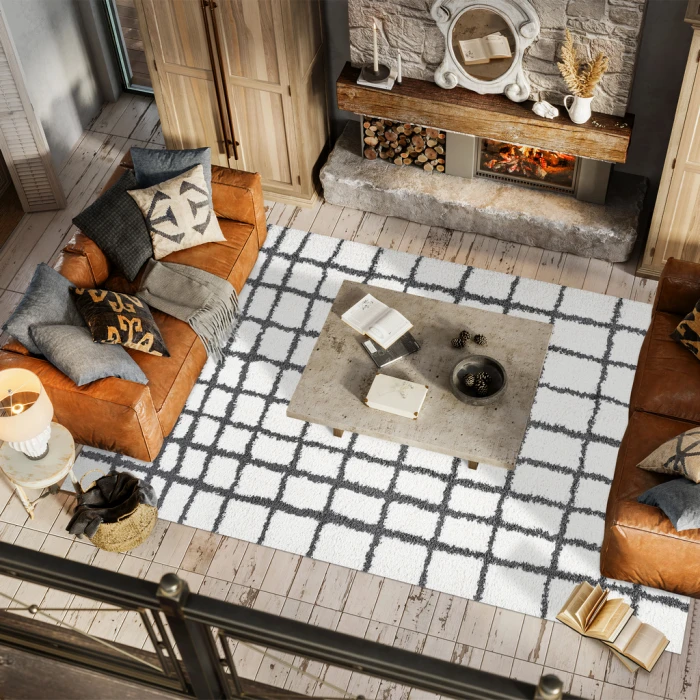 Arenal Geometric Grid Shag White/Gray 4 ft. x 6 ft. Area Rug