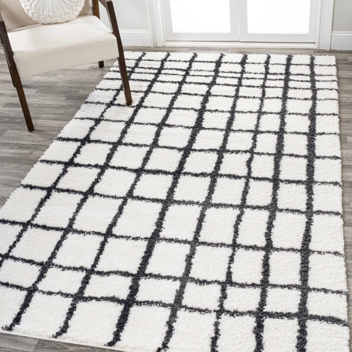 Arenal Geometric Grid Shag White/Gray 4 ft. x 6 ft. Area Rug