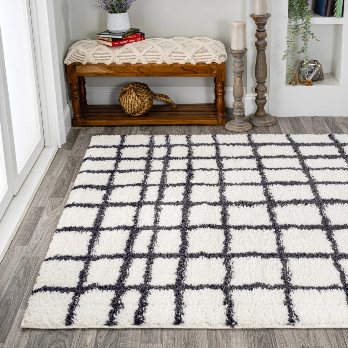 Arenal Geometric Grid Shag White/Gray 4 ft. x 6 ft. Area Rug