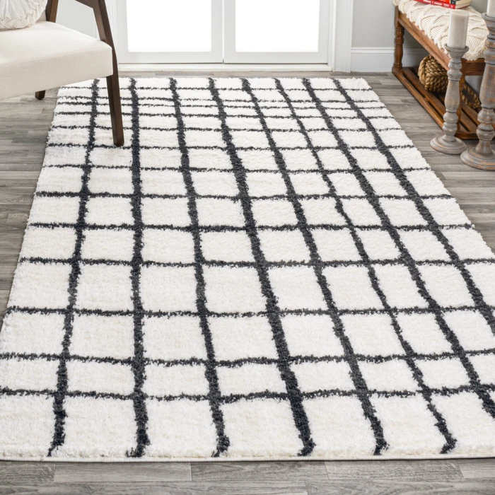 Arenal Geometric Grid Shag White/Gray 4 ft. x 6 ft. Area Rug