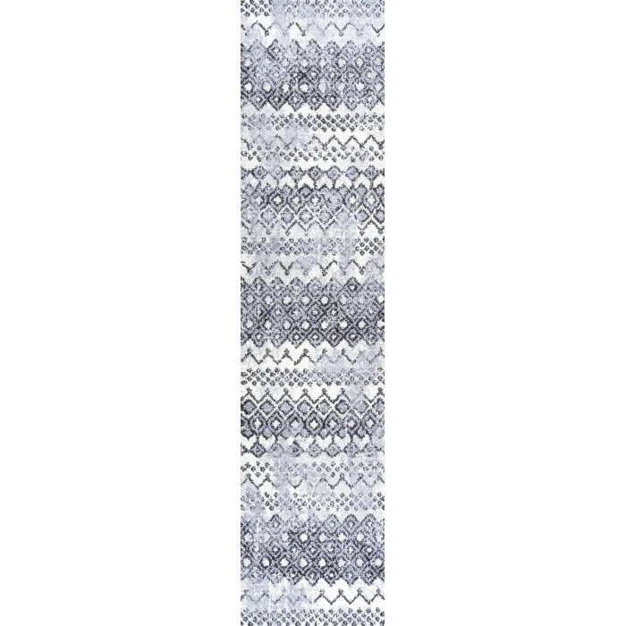 Azmar Moroccan Geometric Distressed Ivory/Black 2 ft. x 10 ft. Runner Rug