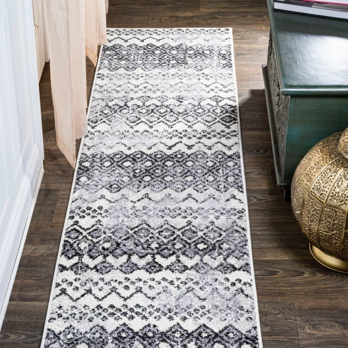 Azmar Moroccan Geometric Distressed Ivory/Black 2 ft. x 10 ft. Runner Rug