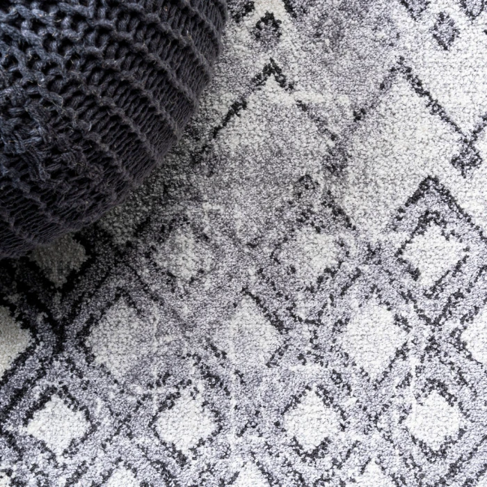 Azmar Moroccan Geometric Distressed Ivory/Black 2 ft. x 10 ft. Runner Rug