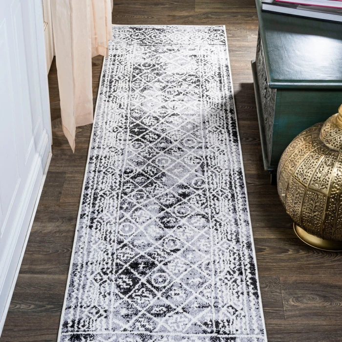 Iften Moroccan Geometric Distressed Ivory/Black 2 ft. x 10 ft. Runner Rug