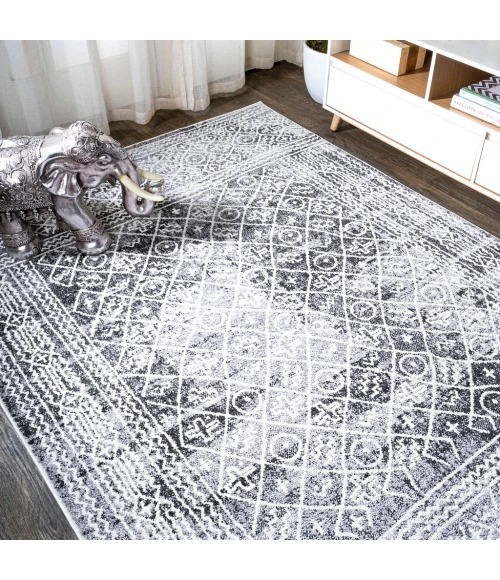 Iften Moroccan Geometric Distressed Ivory/Black 8 ft. x 10 ft. Area Rug