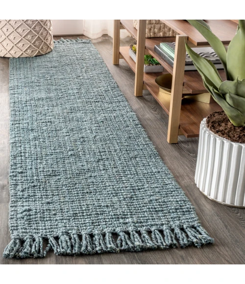 Pata Hand Woven Chunky Jute with Fringe Light Blue/Gray 2 ft. x 8 ft. Runner Rug