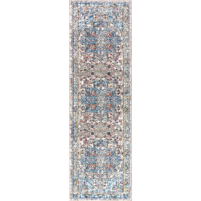 Manisa Vintage Medallion Ivory/Peacock Blue/Coral 2 ft. x 8 ft. Runner Rug
