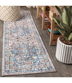 Jonathany Restored Vintage RES103A Ivory/Peacock Blue/Coral Area Rug 2 ft. 3 in. X 8 ft. Runner