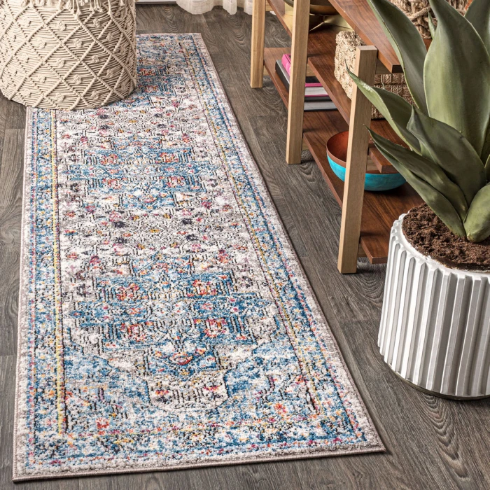 Manisa Vintage Medallion Ivory/Peacock Blue/Coral 2 ft. x 8 ft. Runner Rug