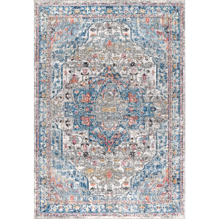 Manisa Vintage Medallion Ivory/Peacock Blue/Coral 3 ft. x 5 ft. Area Rug