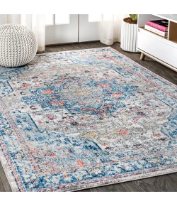 Jonathany Restored Vintage RES103A Ivory/Peacock Blue/Coral Area Rug 3 ft. X 5 ft. Rectangle