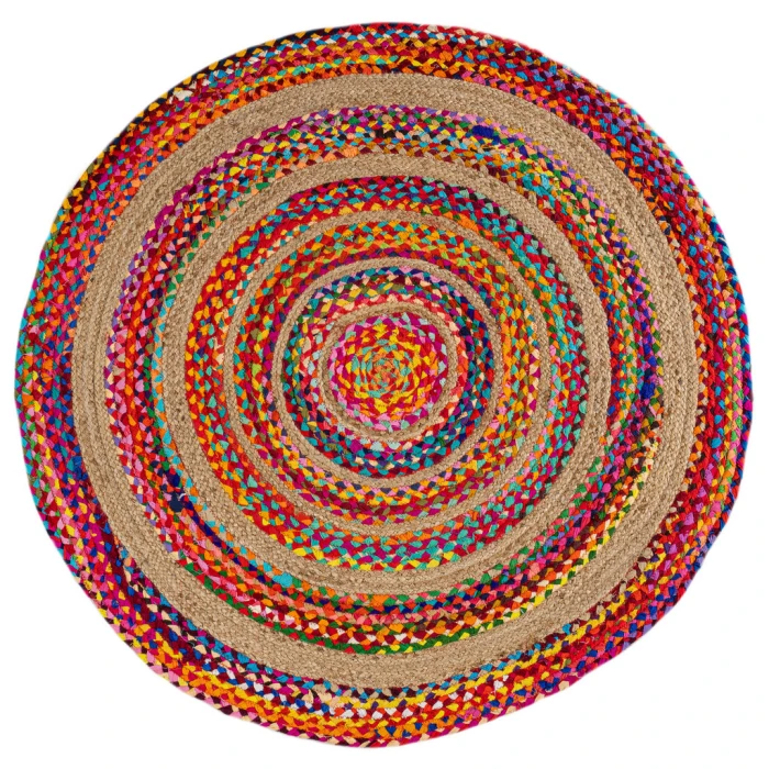 Isla Round Boho Braided Rag & Jute Multi/Natural 3' Round Area Rug