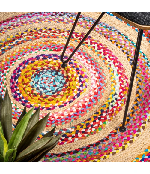 Isla Round Boho Braided Rag & Jute Multi/Natural 7' Round Area Rug