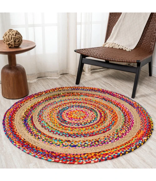 Isla Round Boho Braided Rag & Jute Multi/Natural 7' Round Area Rug