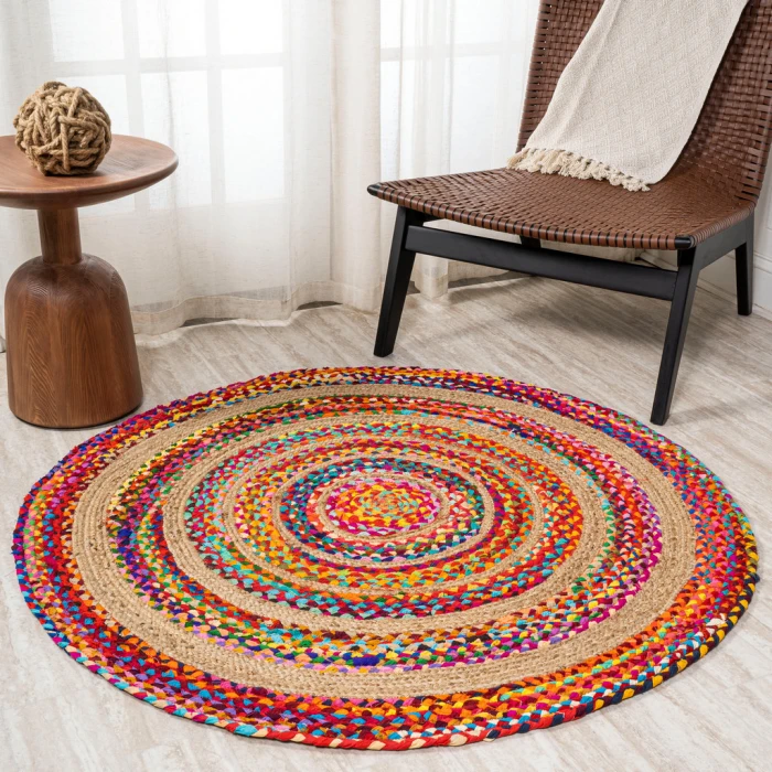 Isla Round Boho Braided Rag & Jute Multi/Natural 3' Round Area Rug
