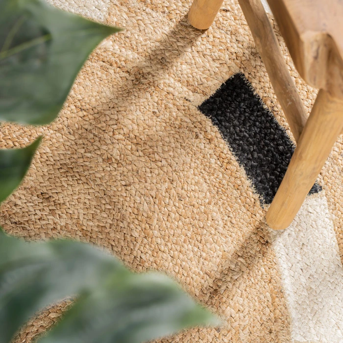 Porto Geometric Jute Circle Natural/Cream/Black 5' Round Area Rug