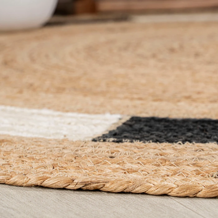 Porto Geometric Jute Circle Natural/Cream/Black 5' Round Area Rug