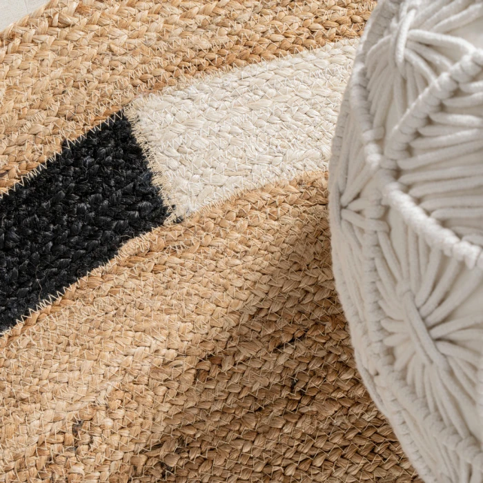Porto Geometric Jute Circle Natural/Cream/Black 5' Round Area Rug